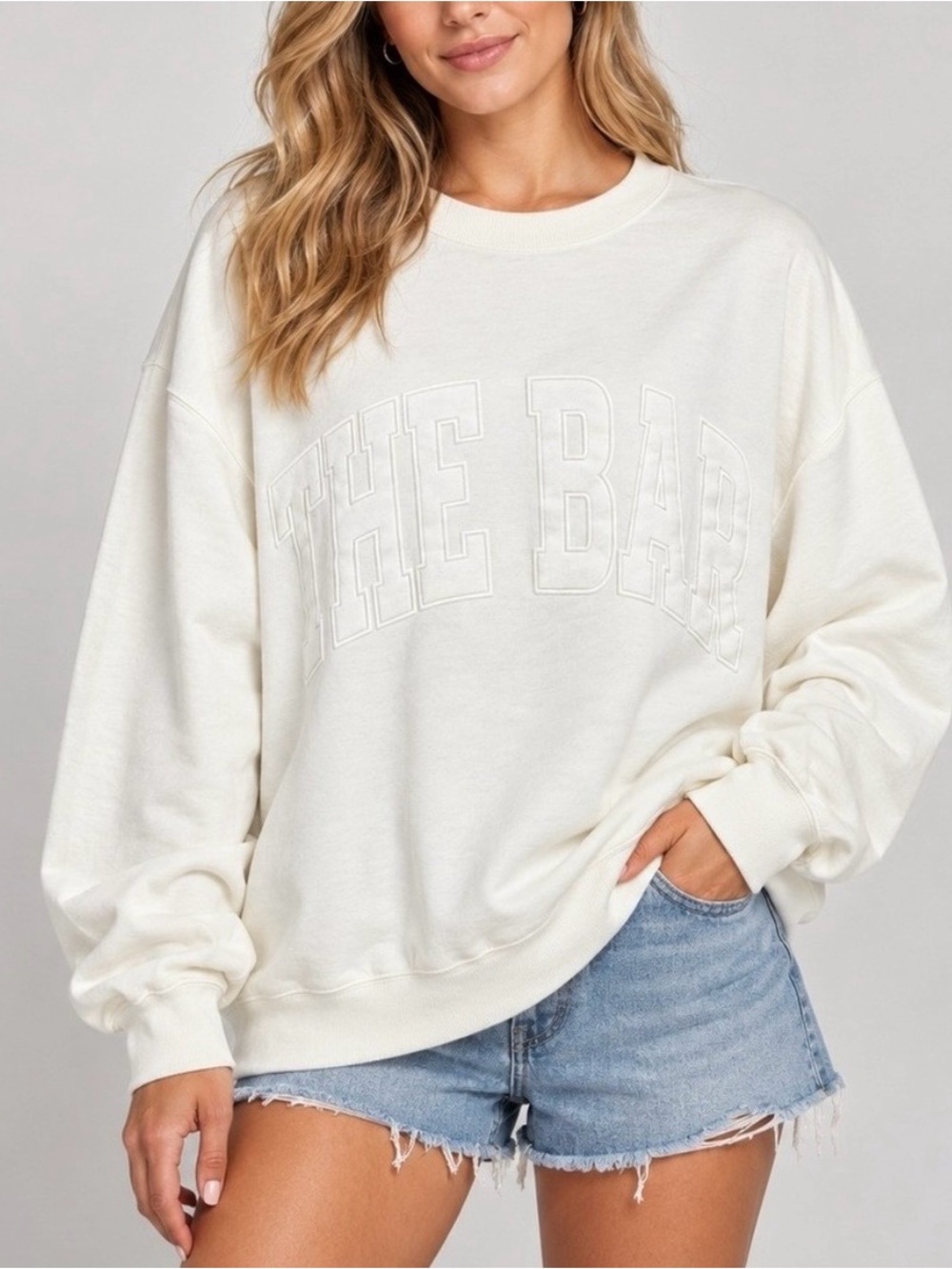 The Bar Varsity Sweatshirt White on White